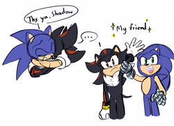 Size: 1999x1444 | Tagged: safe, artist:hownixesn, shadow the hedgehog, sonic the hedgehog, hedgehog, sonic prime, ..., 2023, arm lift, dialogue, duo, english text, exclamation mark, frown, gay, holding another's arm, hugging, looking at viewer, male, males only, mouth open, shadow x sonic, shipping, simple background, sketch, smile, sparkles, speech bubble, standing, white background