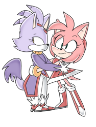 Size: 540x720 | Tagged: safe, artist:artyyline, amy rose, blaze the cat, cat, hedgehog, 2018, amy x blaze, amy's halterneck dress, blaze's tailcoat, cute, female, females only, hand on back, hugging, lesbian, shipping