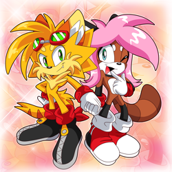 Size: 1600x1600 | Tagged: safe, artist:sonictheedgehog, oc, oc:goldy the wild cat, oc:sam the red panda, cat, 2020, abstract background, boots, duo, dyed hair, echo background, gay, goggles, holding hands, looking at viewer, male, males only, oc x oc, one fang, red panda, shipping, smile, standing, wild cat, wink