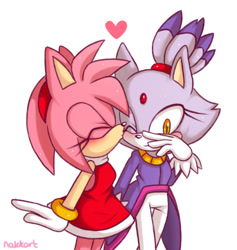 Size: 540x569 | Tagged: safe, artist:nakkart, amy rose, blaze the cat, cat, hedgehog, 2014, amy x blaze, amy's halterneck dress, blaze's tailcoat, blushing, cute, eyes closed, female, females only, heart, kiss on cheek, lesbian, shipping