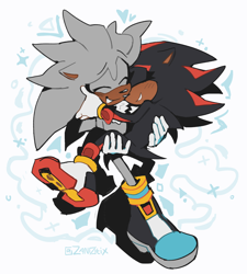 Size: 2048x2276 | Tagged: safe, artist:zan0tix, shadow the hedgehog, silver the hedgehog, 2022, abstract background, blushing, cute, duo, eyes closed, gay, heart, holding each other, hugging, male, males only, shadow x silver, shadowbetes, shipping, silvabetes, smile