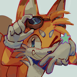 Size: 1979x1979 | Tagged: safe, artist:clumxy, miles "tails" prower, fox, beanbrows, goggles, grey background, looking at viewer, male, simple background, solo, star (symbol), v sign, wink