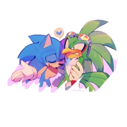 Size: 2000x2000 | Tagged: safe, artist:inumi2, jet the hawk, sonic the hedgehog, hedgehog, blushing, english text, flustered, gay, gloves, goggles, hawk, heart, shipping, signature, sonjet, white background