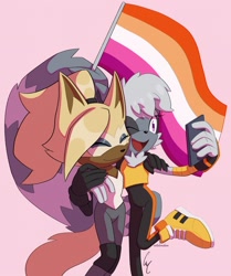 Size: 1715x2048 | Tagged: safe, artist:vettelemdam, tangle the lemur, whisper the wolf, arm around shoulders, duo, female, females only, flag, holding something, lesbian, lesbian pride, phone, pink background, pride, pride flag, selfie, shipping, signature, simple background, smile, standing, tail hand, tail hold, tangle x whisper, wink