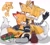 Size: 2048x1858 | Tagged: safe, artist:_ra_fox_, mangey, miles "tails" prower, nine, sails, fox, sonic prime, 2023, eyes closed, flying, frown, grin, group, height difference, hugging, lidded eyes, male, self paradox, simple background, smile, sweatdrop, thumbs up, tongue out, white background
