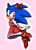 Size: 660x911 | Tagged: safe, artist:devotedsidekick, artist:sp-rings, sonic the hedgehog, hedgehog, bow, character name, dress, heels, looking back, male, outline, pink background, simple background, smile, solo, tights