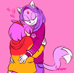 Size: 1024x1016 | Tagged: safe, artist:xxsonicsoupxx, amy rose, blaze the cat, cat, hedgehog, 2017, amy x blaze, cute, eyes closed, female, females only, hearts, hugging, lesbian, shipping