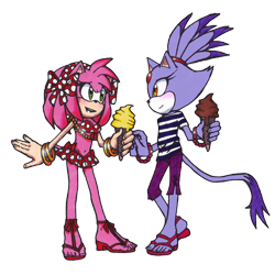 Size: 1024x1024 | Tagged: safe, artist:dawnhedgehog555, amy rose, blaze the cat, cat, hedgehog, 2016, amy x blaze, bikini, cute, female, females only, ice cream, lesbian, looking at each other, shipping