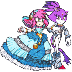 Size: 894x894 | Tagged: safe, artist:dawnhedgehog555, amy rose, blaze the cat, nimue, cat, hedgehog, 2016, amy x blaze, cute, dress, female, females only, holding hands, knight armor, lesbian, shipping, sir percival