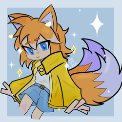 Size: 2048x2048 | Tagged: safe, artist:princess401, miles "tails" prower, human, abstract background, border, clothes, heart, humanized, looking at viewer, male, partially humanized, smile, solo, sparkles