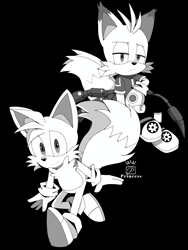 Size: 1536x2048 | Tagged: safe, artist:princess401, miles "tails" prower, nine, fox, sonic prime, sonic prime s2, black background, duo, frown, greyscale, lidded eyes, looking at viewer, male, males only, signature, simple background, smile