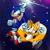 Size: 2048x2048 | Tagged: safe, artist:seagull-scribbles, miles "tails" prower, sonic the hedgehog, fox, hedgehog, abstract background, duo, male, males only, mid-air, one fang, redraw, sonic colors ultimate, space, star (sky), treads