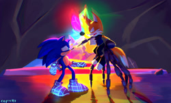 Size: 2047x1235 | Tagged: safe, artist:ifoundyoufaker, miles "tails" prower, nine, sonic the hedgehog, fox, hedgehog, sonic prime, sonic prime s2, abstract background, angry, duo, frown, looking at each other, male, males only, paradox prism, signature