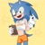 Size: 1968x1968 | Tagged: dead source, safe, artist:revvonox, sonic the hedgehog, hedgehog, clipboard, holding something, hooters outfit, male, mouth open, pen, simple background, smile, solo, standing, star (symbol), watermark, yellow background