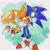 Size: 2048x2048 | Tagged: dead source, safe, artist:sev73229663, miles "tails" prower, sonic the hedgehog, fox, hedgehog, abstract background, blushing, cute, duo, flying, gay, heart, hugging, shipping, smile, sonic x tails, spinning tails, standing, watercolor