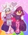 Size: 1486x1855 | Tagged: safe, artist:kyliebrightsun, espio the chameleon, silver the hedgehog, abstract background, bisexual, bisexual pride, cape, clothes, gay, heart, outline, pride, rainbow, shipping, silvio, smile, sparkles, walking