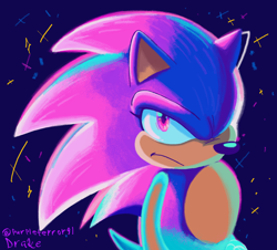 Size: 1286x1160 | Tagged: safe, artist:darkwingdumbass, sonic the hedgehog, hedgehog, sonic prime s2, 2023, abstract background, eyelashes, frown, looking at viewer, male, prism form, prism sonic, solo, standing