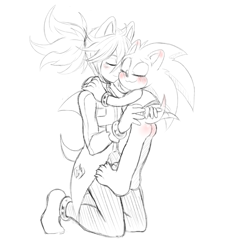 Size: 1280x1422 | Tagged: safe, artist:askthefourshedgehogs, shadow the hedgehog, sonic the hedgehog, hedgehog, human, :3, alternate universe, barefoot, blushing, blushing butt, blushing ears, butt, claws, cute, duo, eyes closed, gay, hugging, humanized, kneeling, male, males only, partially humanized, shadow x sonic, shipping, simple background, smile, sonabetes, standing, white background