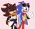 Size: 1653x1380 | Tagged: safe, artist:weirdozjunkary, shadow the hedgehog, sonic the hedgehog, hedgehog, agender, agender pride, aro ace pride, aromantic, asexual, duo, gay, jacket, male, pants, pink background, pride, pride flag, simple background, smile, standing, sunglasses, top surgery scars, trans male, trans pride, transgender, yellow sclera