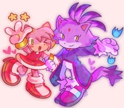 Size: 987x859 | Tagged: safe, artist:tailsthefoxs, amy rose, blaze the cat, cat, hedgehog, 2023, amy x blaze, amy's halterneck dress, blaze's tailcoat, chibi, cute, female, females only, hearts, holding hands, lesbian, shipping