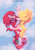 Size: 905x1280 | Tagged: safe, artist:jyllhedgehog367, knuckles the echidna, sonic the hedgehog, super sonic, echidna, hedgehog, 2022, abstract background, alternate version, blushing, carrying them, clouds, cross popping vein, duo, flying, gay, heart, holding each other, knuxonic, lidded eyes, looking at each other, male, males only, mid-air, shipping, sparkles, super form, treads