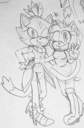 Size: 398x600 | Tagged: safe, artist:saucynadles, amy rose, blaze the cat, cat, hedgehog, 2015, amy x blaze, amy's halterneck dress, blaze's tailcoat, cute, female, females only, hand on hip, lesbian, peace sign, shipping, sketch, traditional media