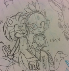 Size: 540x556 | Tagged: safe, artist:saucynadles, amy rose, blaze the cat, cat, hedgehog, 2015, amy x blaze, amy's halterneck dress, blaze's tailcoat, cute, female, females only, holding hands, lesbian, shipping, sketch, traditional media