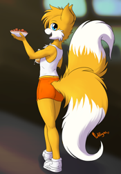 Size: 2000x2857 | Tagged: safe, artist:punk-pegasus, artist:punkpega, miles "tails" prower, fox, abstract background, bowl, chicken wings, drink, fluffy, holding something, hooters outfit, looking back, looking back at viewer, male, mouth open, signature, smile, solo