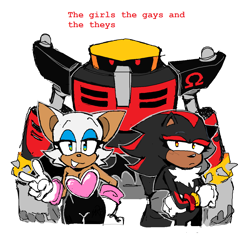 Size: 1362x1276 | Tagged: safe, artist:zan0tix, e-123 omega, shadow the hedgehog, bat, hedgehog, arms folded, dialogue, english text, eyelashes, female, gay, lidded eyes, looking at viewer, nonbinary, outline, robot, simple background, smile, standing, trio, v sign, white background