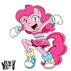 Size: 3000x3000 | Tagged: dead source, safe, artist:usagifriday, clothes, crossover, earth pony, female, mobianified, mouth open, my little pony, pinkie pie, pony, signature, simple background, smile, solo, standing, transparent background