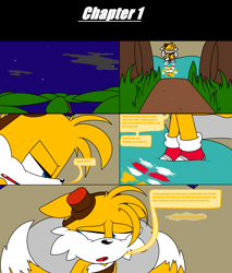 Size: 2400x2816 | Tagged: safe, artist:thecarebeargirl, miles "tails" prower, fox, comic:dark tails unleashed, fanfic:dark tails unleashed, 2017, abstract background, comic, dialogue, fanfiction art, flat colors, floppy ears, male, outdoors, sad, solo, sonic boom (tv), speech bubble, water