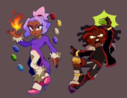 Size: 934x721 | Tagged: safe, artist:fever_el_cacas, blaze the cat, shadow the hedgehog, human, brown background, chaos emerald, duo, humanized, simple background, sol emerald