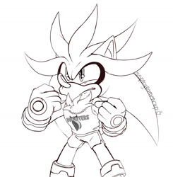 Size: 1476x1504 | Tagged: safe, artist:sspicyramencup, silver the hedgehog, hedgehog, clenched fists, clenched teeth, eye twitch, greyscale, hooters outfit, looking up, male, simple background, solo, standing, white background