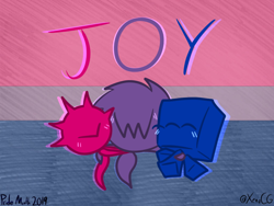 Size: 1024x768 | Tagged: safe, artist:ladyxenochen, wisp, 2019, bisexual, bisexual pride, blushing, cute, english text, pride, pride flag background, trio