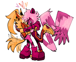 Size: 1801x1483 | Tagged: safe, artist:frostiios, tangle the lemur, whisper the wolf, duo, eyes closed, female, females only, heart, holding each other, lesbian, lesbian pride, limited palette, pride, shipping, simple background, smile, standing, tangle x whisper, wagging tail, white background