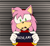 Size: 1278x1177 | Tagged: safe, artist:gh0stfl0wer, amy rose, barbie mugshot meme, character name, female, head tilt, holding something, looking at viewer, meme, mouth open, mugshot, no pupils, solo