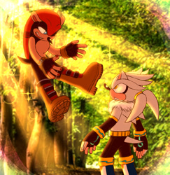 Size: 2048x2103 | Tagged: safe, artist:jennsterjay, mighty the armadillo, silver the hedgehog, armadillo, hedgehog, boots, fingerless gloves, forest, gay, shipping, shorts, silvmighty