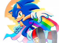 Size: 2048x1507 | Tagged: dead source, safe, artist:lunatyk, sonic the hedgehog, hedgehog, abstract background, cape, clouds, gay pride, looking at viewer, male, pride, smile, solo, trans pride