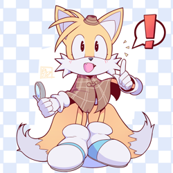 Size: 2048x2048 | Tagged: safe, artist:saturnsh2x2, miles "tails" prower, fox, the murder of sonic the hedgehog, blue shoes, blushing, checkered background, exclamation mark, eyelashes, fangs, holding something, looking offscreen, magnifying glass, male, mouth open, pointing, smile, solo, standing