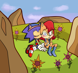 Size: 2047x1923 | Tagged: safe, artist:geckosnacks, sally acorn, sonic the hedgehog, chipmunk, hedgehog, abstract background, blushing, clothes, daytime, duo, female, females only, gender swap, grass, half r63 shipping, headband, kiss on cheek, lesbian, outdoors, sally x sonic, shipping, sitting, sunflower