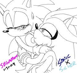 Size: 546x520 | Tagged: suggestive, artist:segamew, silver the hedgehog, sonic the hedgehog, blushing, english text, gay, holding them, licking, seme silver, shipping, signature, sketch, sonilver