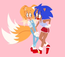 Size: 2048x1776 | Tagged: safe, artist:sontaiis, miles "tails" prower, sonic the hedgehog, human, 2023, blushing, duo, eyebrow clipping through hair, female, females only, gender swap, hand on shoulder, humanized, lesbian, looking at each other, no outlines, partially humanized, pink background, r63 shipping, shipping, simple background, smile, sonic x tails, standing