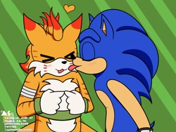 Size: 2000x1500 | Tagged: safe, artist:moontigerange1, mangey, miles "tails" prower, sonic the hedgehog, sonic prime, 2023, abstract background, aged up, cute, duo, gay, heart, licking, older, shipping, songey, sonic x tails, standing, tongue out