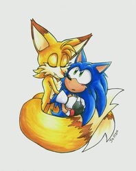 Size: 1251x1581 | Tagged: safe, artist:cjjp8, artist:jeffydust, miles "tails" prower, sonic the hedgehog, 2023, aged up, duo, gay, headcanon, hugging from behind, looking up at them, older, one fang, shipping, smile, sonic x tails, traditional media, wrapped in tails