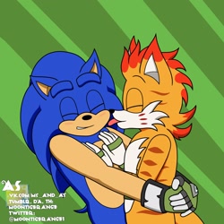 Size: 2048x2048 | Tagged: safe, artist:moontigerange1, mangey, miles "tails" prower, sonic the hedgehog, sonic prime, 2023, abstract background, aged up, blushing, duo, eyes closed, flat colors, gay, holding each other, licking, older, shipping, smile, songey, sonic x tails, standing, striped background, tongue out