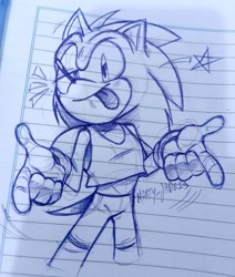 Size: 1080x1275 | Tagged: safe, artist:marty_jade23, sonic the hedgehog, hedgehog, crop top, lidded eyes, lined paper, looking at viewer, male, pointing, shorts, signature, smile, solo, standing, star (symbol), tongue out, traditional media