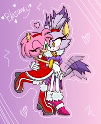 Size: 1380x1696 | Tagged: safe, artist:lily_nanami_, amy rose, blaze the cat, cat, hedgehog, 2023, amy x blaze, amy's halterneck dress, blaze's tailcoat, cute, female, females only, hand on back, hand on hip, heart, lesbian, one eye closed, shipping