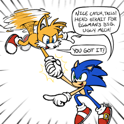 Size: 2048x2048 | Tagged: safe, artist:pocketscribbs, miles "tails" prower, sonic the hedgehog, carrying them, dialogue, duo, english text, flying, holding hands, mouth open, one fang, pointing, signature, simple background, smile, speech bubble, spinning tails, white background