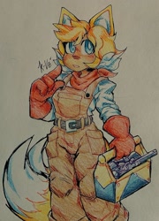 Size: 1476x2047 | Tagged: safe, artist:selfheartful, miles "tails" prower, human, alternate version, bandana, belt, blushing, clenched teeth, female, gender swap, holding something, humanized, looking at viewer, overalls, partially humanized, red gloves, signature, solo, standing, toolbox, traditional media