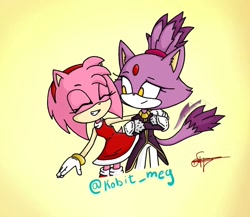 Size: 1030x894 | Tagged: safe, artist:kobit_meg, amy rose, blaze the cat, cat, hedgehog, 2023, amy x blaze, amy's halterneck dress, blaze's tailcoat, cute, eyes closed, female, females only, hand on shoulder, lesbian, looking at them, shipping